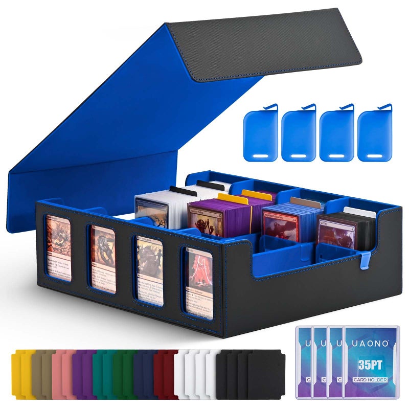 UAONO Trading Card Storage Box with Commander Display; 2400+ Deck Box for MTG with Removable Cover; Toploader Card Case fits Magic TCG PTCG Sports Cards; 24 Dividers  4 Stoppers (Black  Blue) - Image 1
